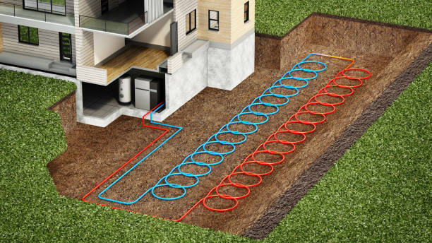 Geothermal heating and cooling system structure with ground source heat pump.